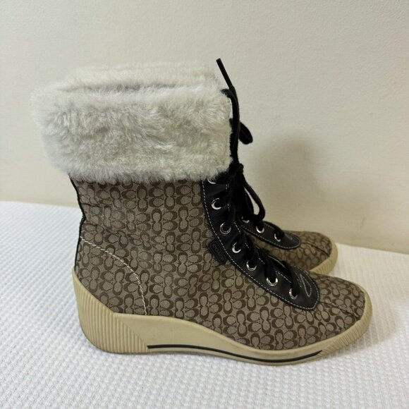 Coach Nancy Women’s Boots Size 8.5M Wedge Lace Up Design, Brown/Cream - Picture 1 of 9